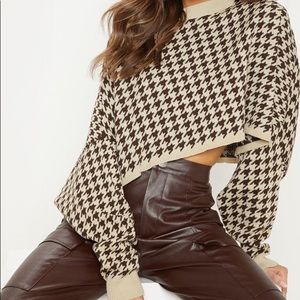 Stone Dogtooth Knitted Cropped Jumper